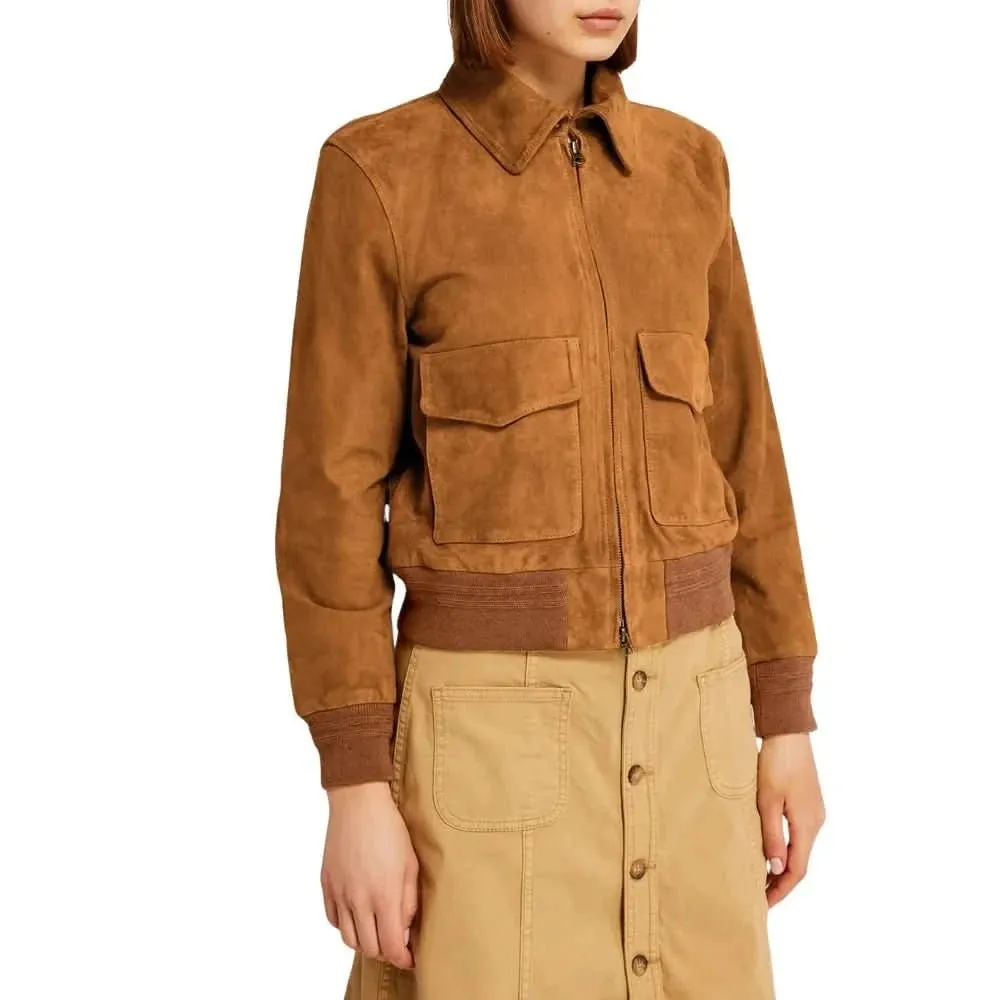 Womens Camel Lauren Brown Suede Bomber Jacket