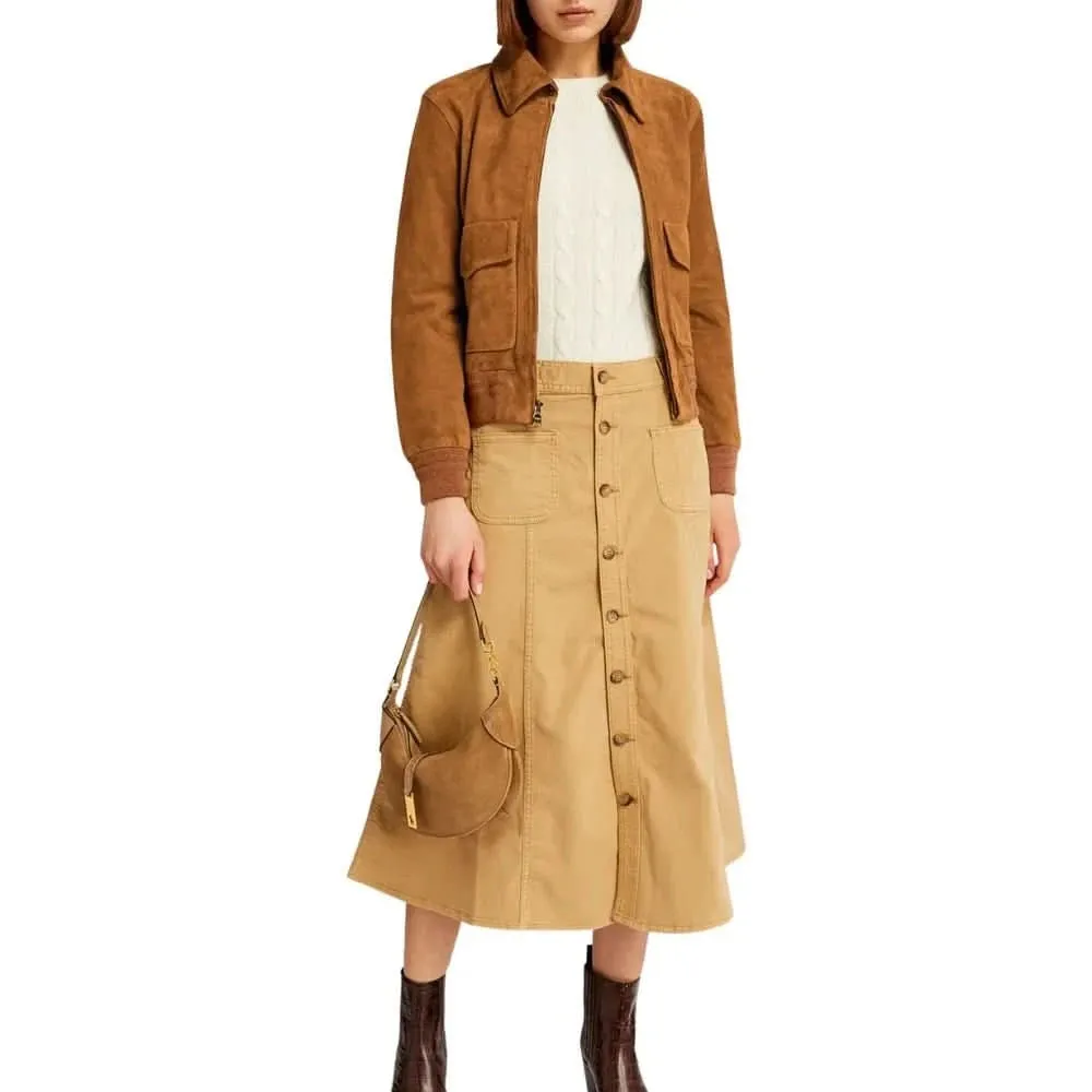 Womens Camel Lauren Brown Suede Bomber Jacket