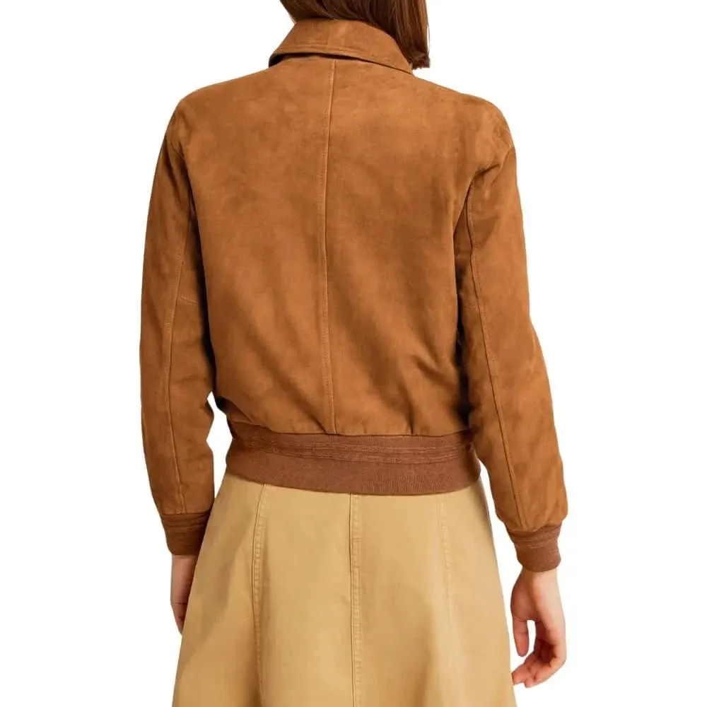Womens Camel Lauren Brown Suede Bomber Jacket