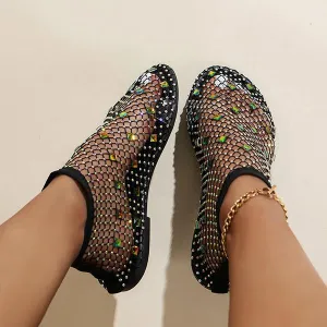 Women's Colorful Rhinestone Elastic Strap Mesh Sandals 62550755S
